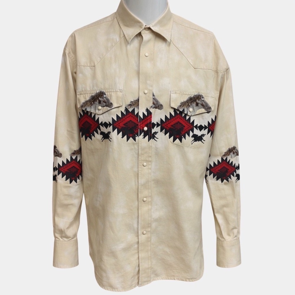 Wrangler Men's Collared Long Sleeve Western Cowboy Horse Pearl Snap Shirt Size L - Picture 2 of 10